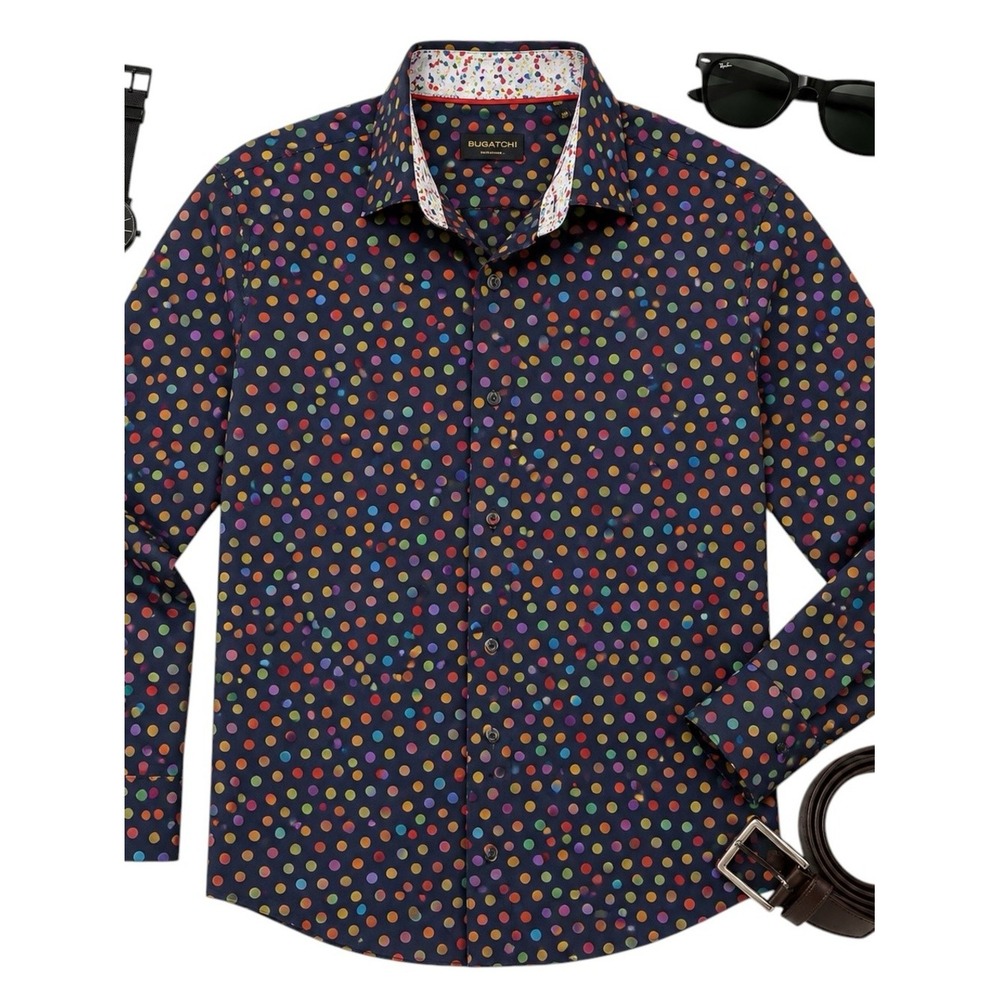 Bugatchi Uomo Shaped Fit Multicolor Polka Dot Button Front Shirt Mens Large